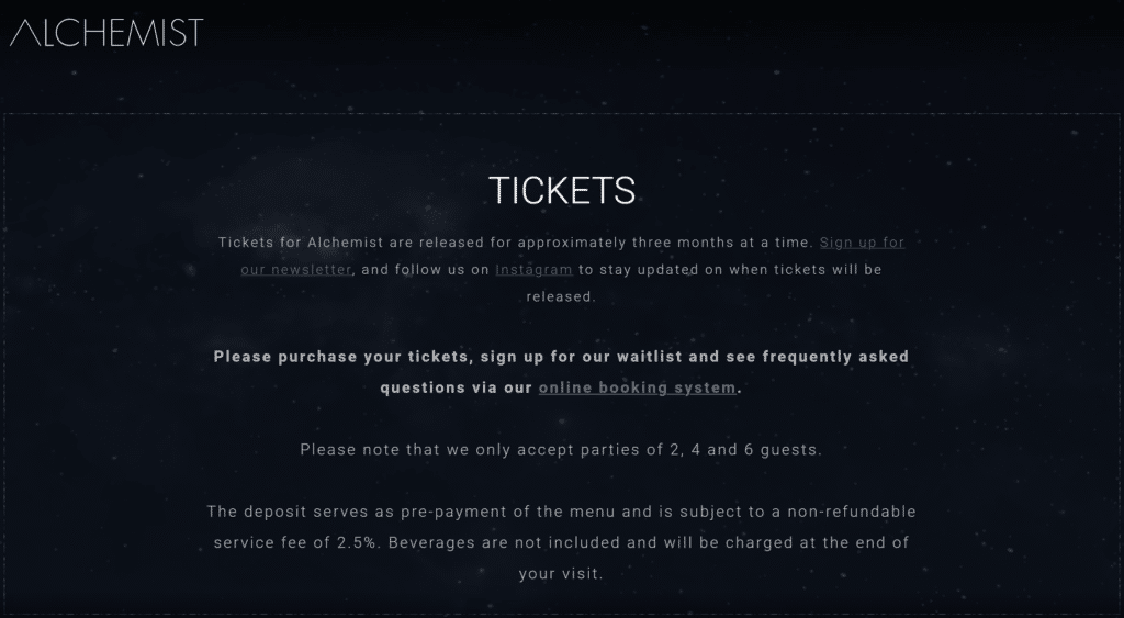 booking page of the Alchemist restaurant in Copenhagen (Denmark)