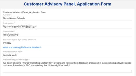 application Ryanair customer advisory panel