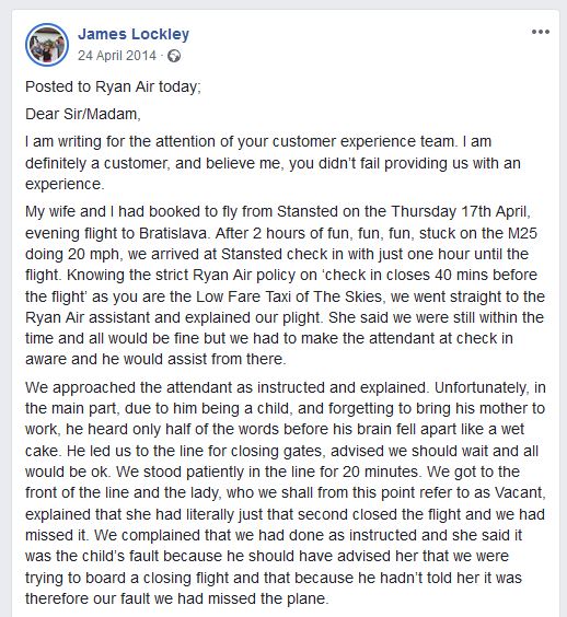 The complaint letter posted by James Lockley on Facebook.