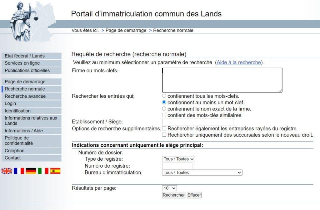 Portail d'immatriculation commun des Lands permettant une recherche des entreprises en Allemagne