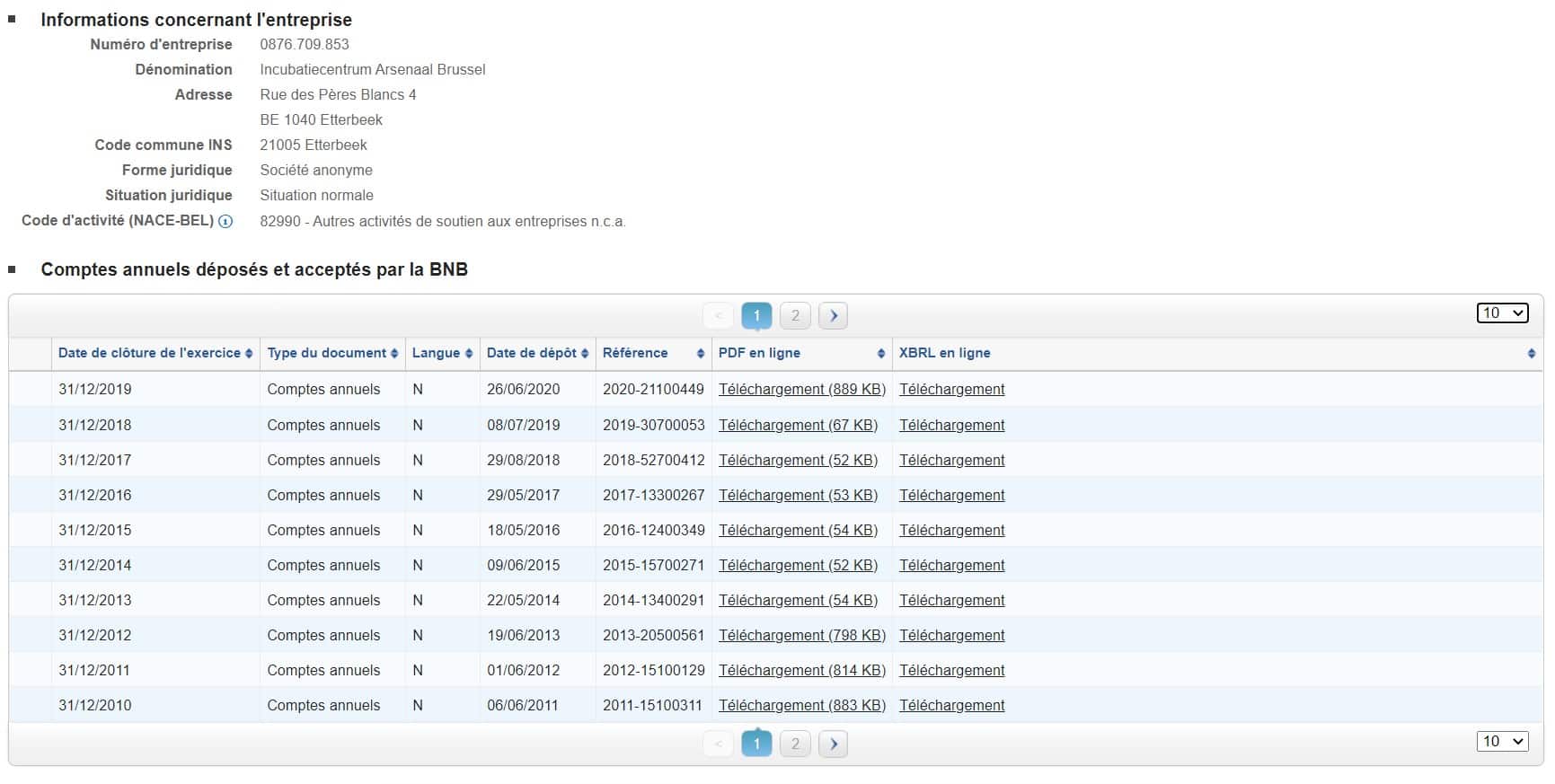 Simulation d'une demande de bilan sur le site de la BNB (Banque Nationale de Belgique)