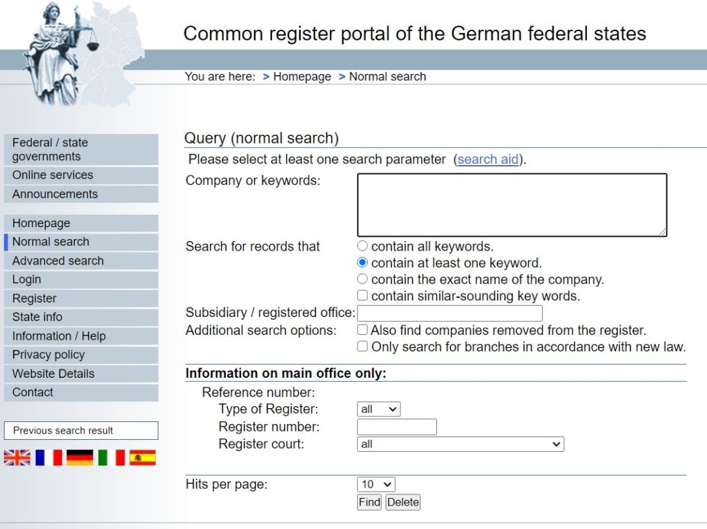 Common register portal of the German federal states to search for a company and its data