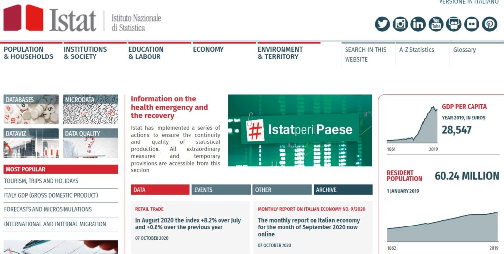 Homepage istat (Istituto Nazionale di Statistica)