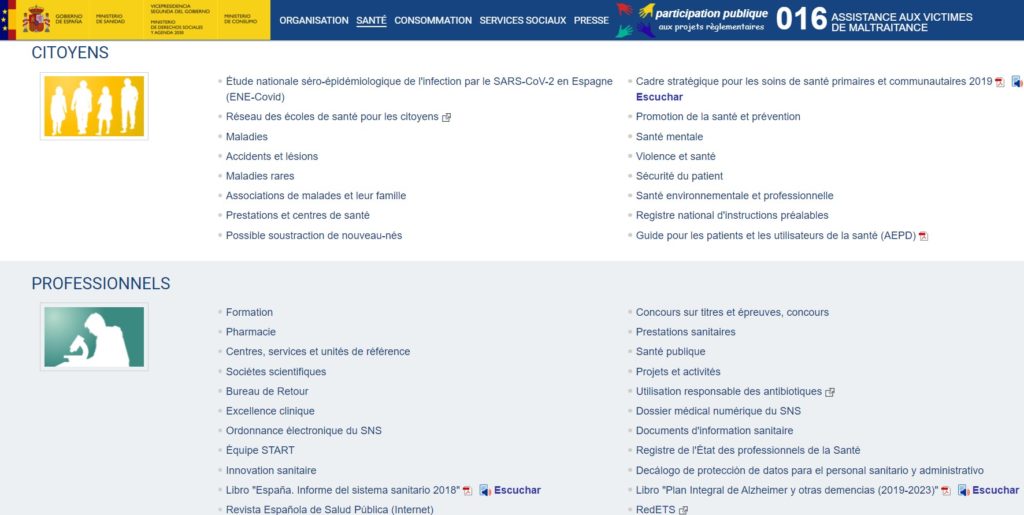 Ministère de la Santé en Espagne : données spécifiques aux citoyens et aux professionnels