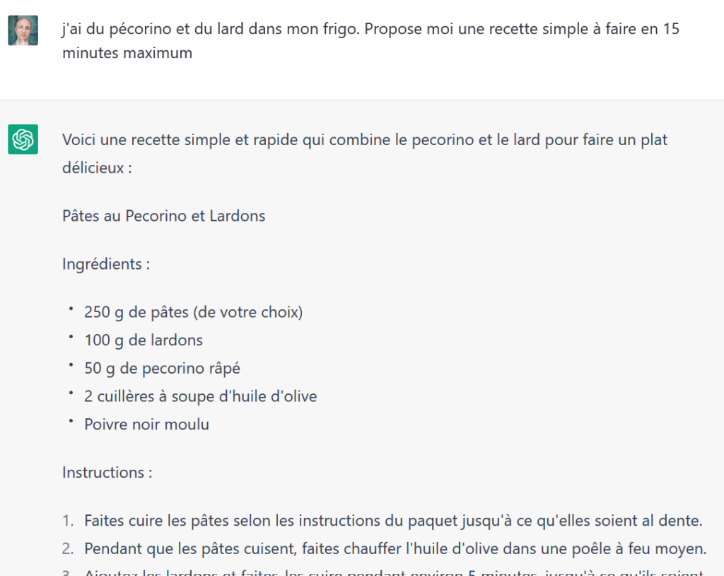 recette proposée par chatgpt à partir de 2 ingrédients